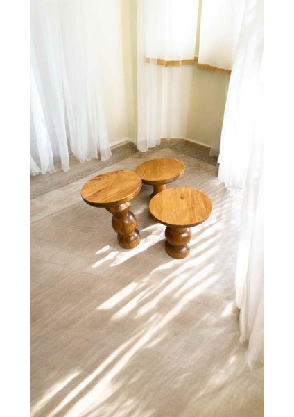 Masif Ahşap Mantar Sehpa – 3’lü Tik Ağacı Renk Doğal Zigon Sehpa ve Fiskos Seti fiyatları