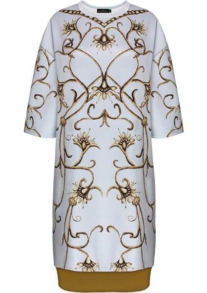 Gri Yarım Kollu Monogram Elbise 46 Beden