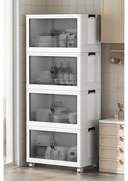 4'lü Portatif Organizer Tekerlekli Dolap ”beyaz” Çok Amaçlı Mıknatıs Kapaklı Katlanır Istiflenebilir