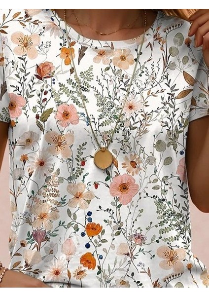 Kadın Kısa Kollu Bisiklet Yaka Çiçek Desenli Viskon Bluz fiyatları