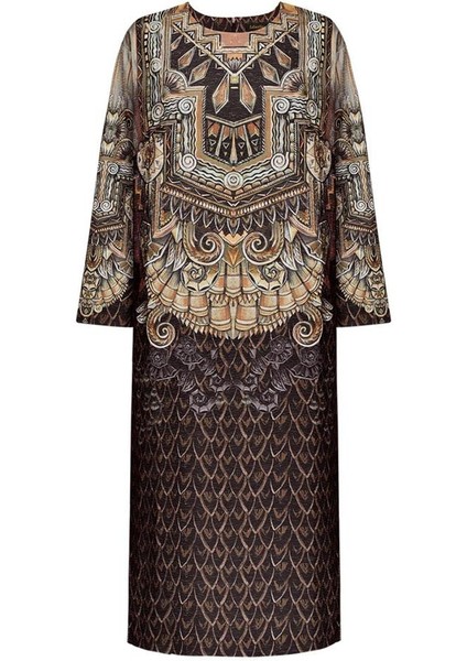 Kahverengi Yarım Kollu Desenli Elbise 40 Beden