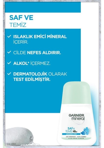 Mineral Saf ve Temiz Roll-On Deodorant - Kadınlar için 48 Saat Etkili, Pudrasız ve Alkol İçermeyen Ferah Temizlik Kokusu, 50 ml