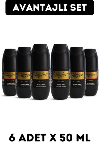 Roll-on Classic Erkek Deodorant Pudrasız Anti Alerjik 6'lı Paket 50 ml Kalıcı FerahlıkJagler Roll-on Classic Erkek Deodorant Pudrasız Anti Alerjik 6'lı Paket 50 ml Kalıcı Ferahlık
