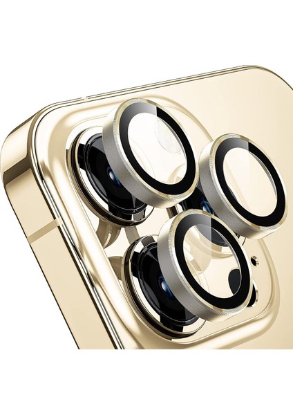 Iphone 13 Pro/13 Pro Max Uyumlu Alüminyum Alaşım Tempered Glass Kamera Lens Koruyucu(3'lü Set) Gold