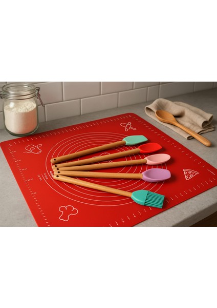 Büyük Boy Silikon Hamur Matı ile Birlikte Ahşap Saplı 5"li Spatula Seti Kolay Kullanım