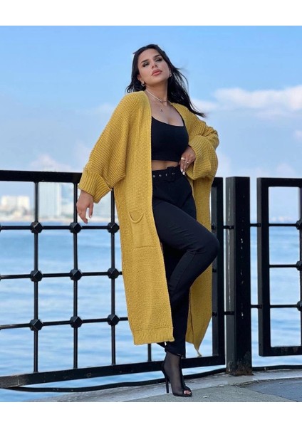 Yarasa Kol Uzun Triko Hırka Hardal modelleri