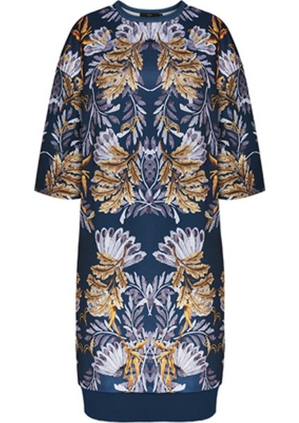 Mavi Yarım Kollu Desenli Elbise 44 Beden