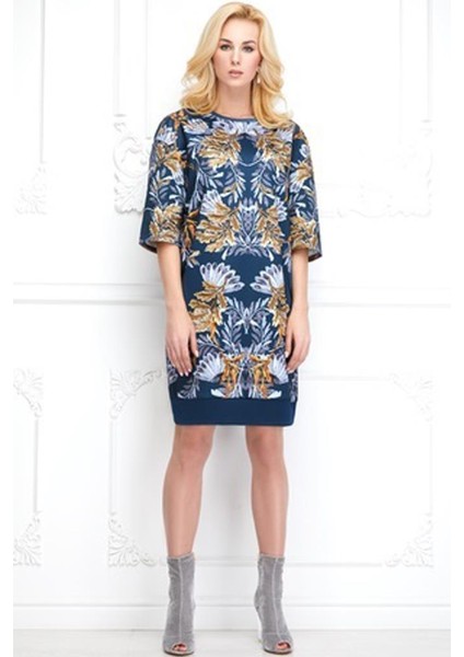 Mavi Yarım Kollu Desenli Elbise 44 Beden fiyatları