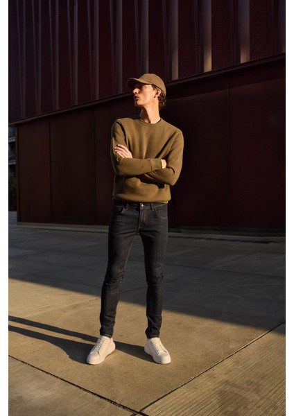 Erkek Koyu Lacivert Ekstra Slim Fit Dar Kesim Pamuklu Esnek Rııs Jean Kot Pantolon Denim