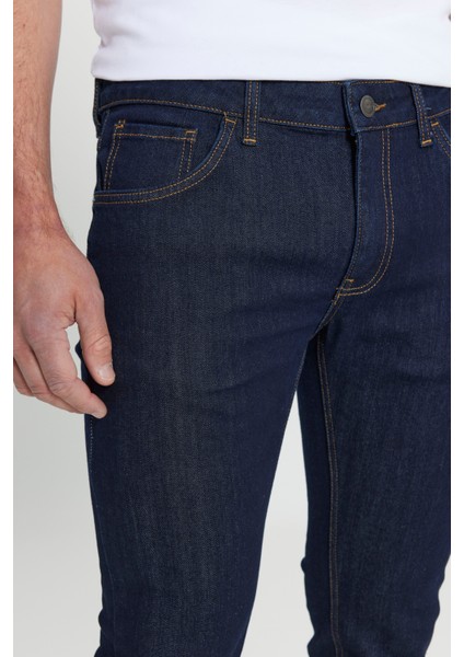 Erkek Koyu Lacivert Ekstra Slim Fit Dar Kesim Pamuklu Esnek Rııs Jean Kot Pantolon Denim