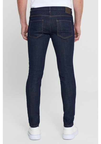 Erkek Koyu Lacivert Ekstra Slim Fit Dar Kesim Pamuklu Esnek Rııs Jean Kot Pantolon Denim