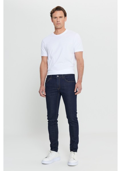 Erkek Koyu Lacivert Ekstra Slim Fit Dar Kesim Pamuklu Esnek Rııs Jean Kot Pantolon Denim