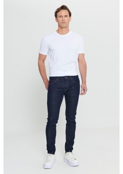 Erkek Koyu Lacivert Ekstra Slim Fit Dar Kesim Pamuklu Esnek Rııs Jean Kot Pantolon Denim