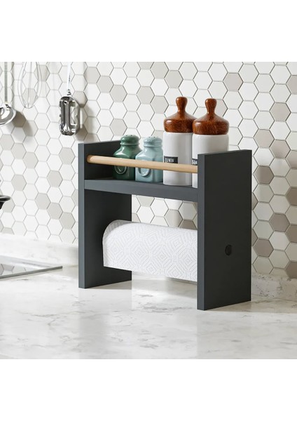 Rulo Havlu Takılabilir Baharatlık Standı Tezgah Üstü Düzenleyici Ahşap Raf - Antrasit Gri