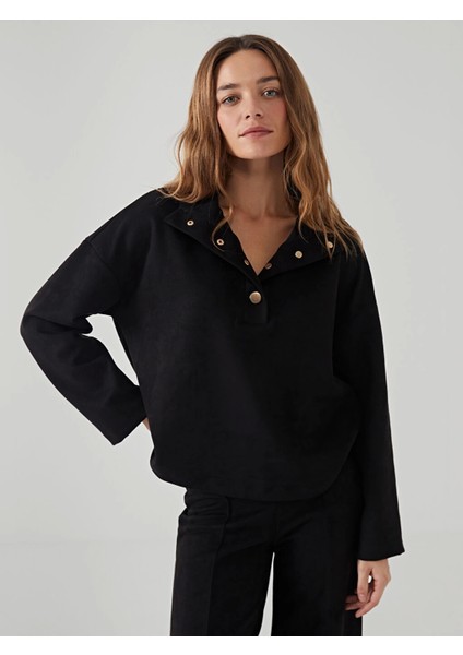 Lcw Vision Siyah Dik Yaka Düz Oversize Kadın Sweatshirt
