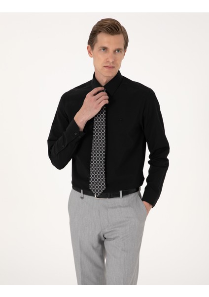 Erkek Siyah Regular Fit Uzun Kollu Basic Gömlek 50316742-VR046