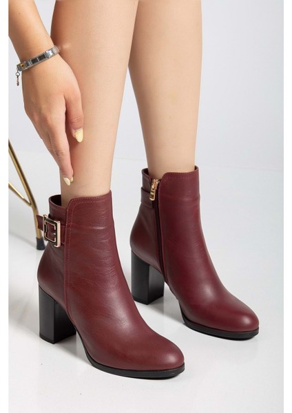 Kadın Hakiki Deri Tokalı Topuklu Bot - Bordo
