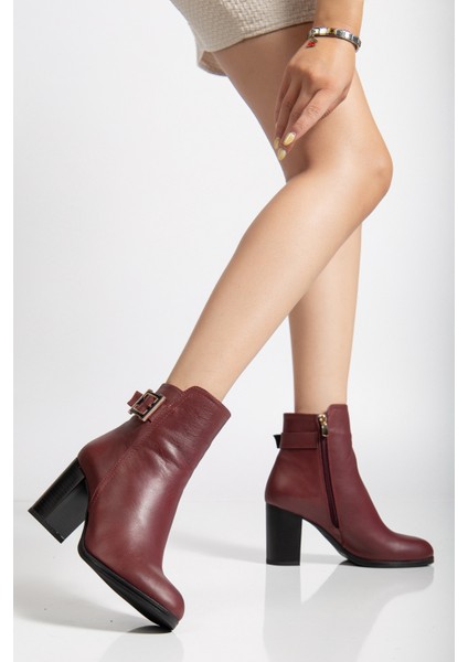 Kadın Hakiki Deri Tokalı Topuklu Bot - Bordo fiyatları