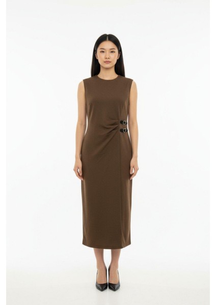 Kahve Gri Kalp Tokalı Midi Elbise 8144A