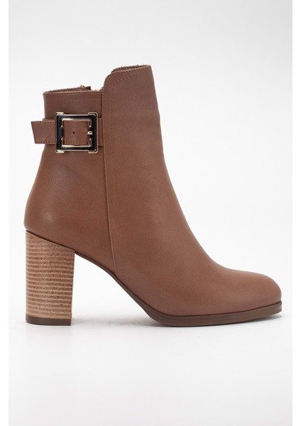 Kadın Hakiki Deri Tokalı Topuklu Bot - Ceviz modelleri