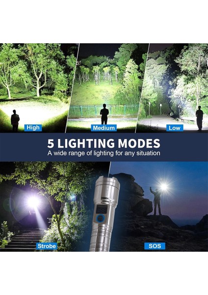 M06 Metal Kasa Uzun Menzil Profesyonel LED Fener 1800 Lümen 5000 Mah Zoom 4 Mod Dijital Ekranlı USB Şarjlı Fener Powerbank