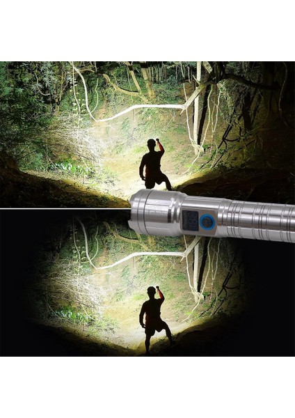 M06 Metal Kasa Uzun Menzil Profesyonel LED Fener 1800 Lümen 5000 Mah Zoom 4 Mod Dijital Ekranlı USB Şarjlı Fener Powerbank