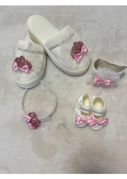 Pembe Taşlı Terlik Bandana Taç Ayakkabı 4 Lü Lohusa Set