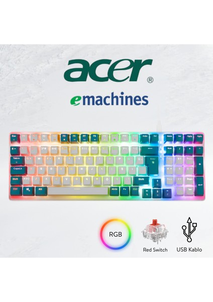 Emachines EAK100 Beyaz/yeşil USB Rgb Backlight Red Swıtch Mekanik Q 101 Tuşlu Compact Gaming Klavye
