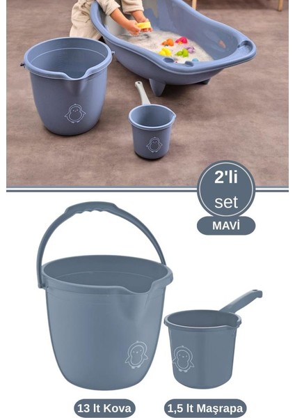 2’li Bebek Banyo Su Kovası ve Maşrapası Seti, Saplı Oluklu Kova 13LT ve Maşrapa 1,5lt Set Mavi
