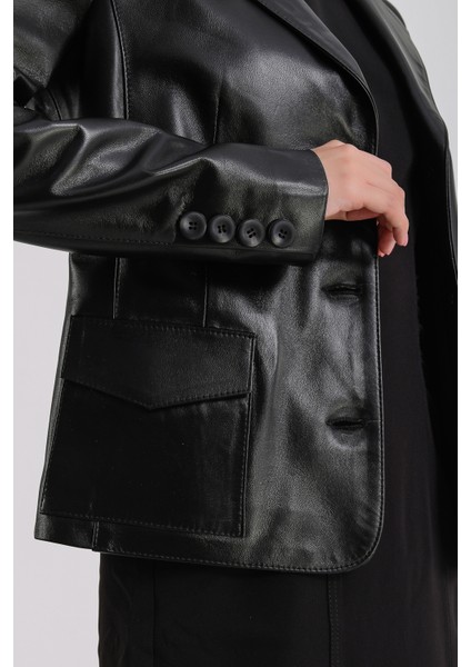 Anna Kadın Siyah Deri Blazer Ceket