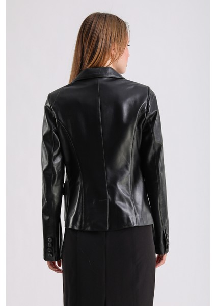 Anna Kadın Siyah Deri Blazer Ceket