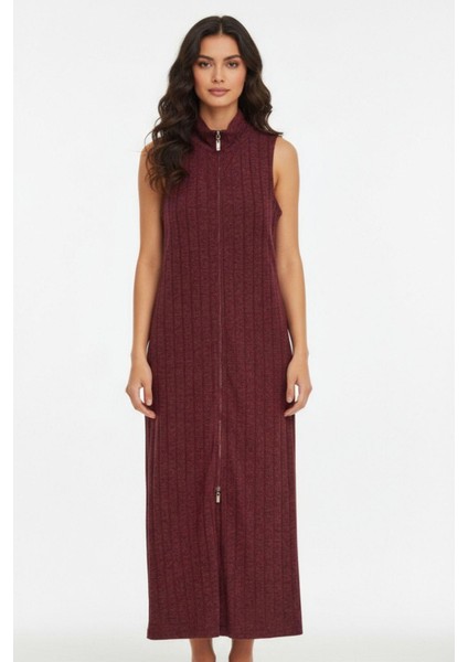 Bordo Fermuarlı Dik Yaka Triko Elbise 8152A
