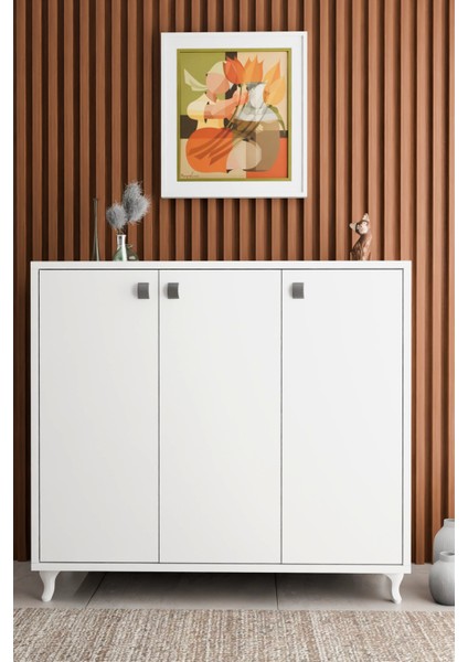 Beyaz 3 Kapaklı Ayakkabılık Çok Raflı Modern Ayakkabı Dolabı, Geniş Depolama Alanı, Kolay Kurulum Vestiyer