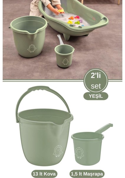 2’li Bebek Banyo Su Kovası ve Maşrapası Seti, Saplı Oluklu Kova 13LT ve Maşrapa 1,5lt Set Yeşil