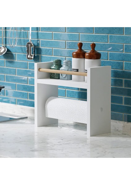 Rulo Havlu Takılabilir Baharatlık Standı Tezgah Üstü Düzenleyici Ahşap Raf - Beyaz Mr2