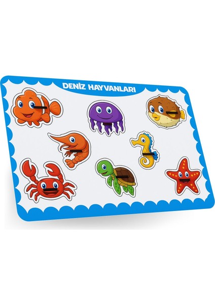 Deniz Hayvanları Ahşap Puzzle – 8 Parça Yuvalı Eğitici Yapboz (29×18 Cm, Okul Öncesi )