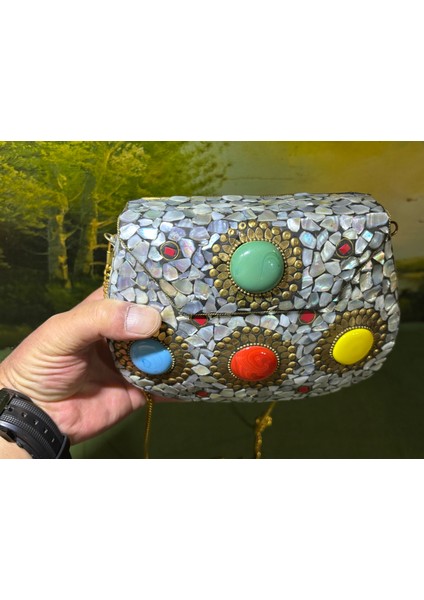 Pirinç Üzeri Komple Sedef Işlemeli Kadın Çantası 18 cm 13 cm 7 cm Ölçülerinde fiyatları