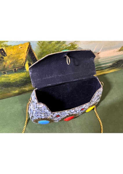 Pirinç Üzeri Komple Sedef Işlemeli Kadın Çantası 18 cm 13 cm 7 cm Ölçülerinde modelleri