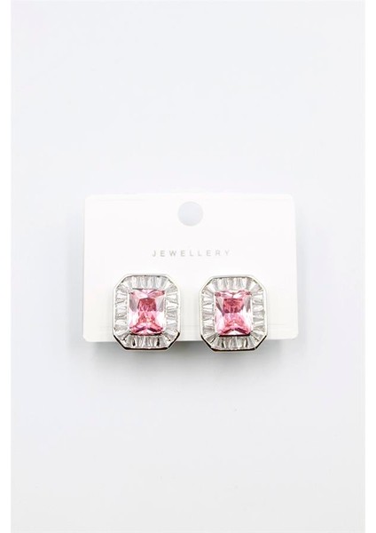 Kare Taşlı Küpe - Pembe