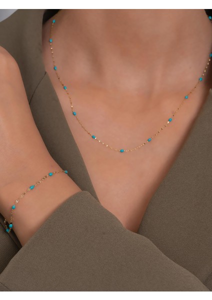 14 Ayar Altın Turkuaz Mineli Aynalı Zincir Kolye Bileklik Set