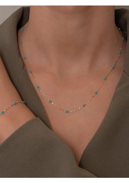 14 Ayar Altın Turkuaz Mineli Aynalı Zincir Kolye Bileklik Set fiyatları