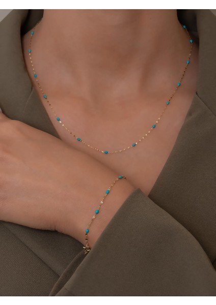 14 Ayar Altın Turkuaz Mineli Aynalı Zincir Kolye Bileklik Set fırsatları