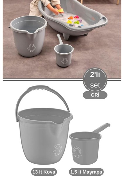 2’li Bebek Banyo Su Kovası ve Maşrapası Seti, Saplı Oluklu Kova 13LT ve Maşrapa 1,5lt Set Gri