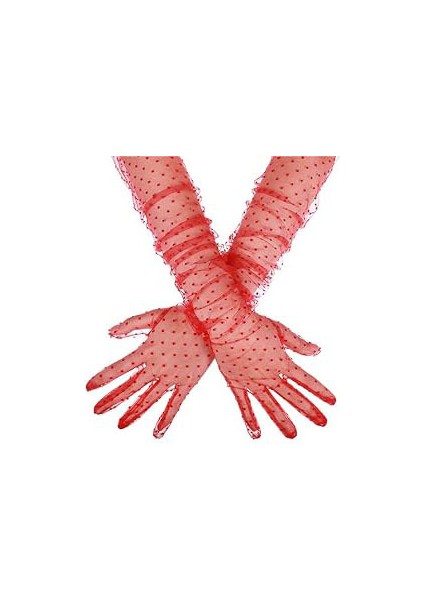 Uzun Boy Kırmızı Puantiyeli Kırmızı Renk Yetişkin Tül Eldiven