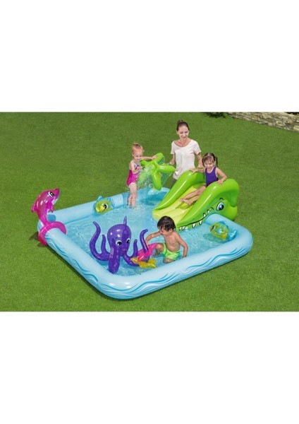 Mavi Deniz Canlıları Temalı Kaydıraklı ve Fıskiyeli Şişme Oyun Havuzu - 239x206x86 cm, Dayanıklı Vinil fırsatları