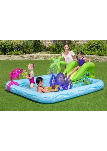 Mavi Deniz Canlıları Temalı Kaydıraklı ve Fıskiyeli Şişme Oyun Havuzu - 239x206x86 cm, Dayanıklı Vinil indirimleri