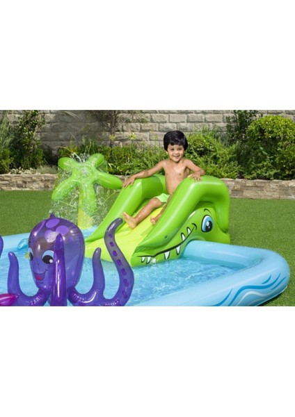 Mavi Deniz Canlıları Temalı Kaydıraklı ve Fıskiyeli Şişme Oyun Havuzu - 239x206x86 cm, Dayanıklı Vinil