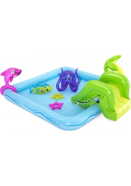 Mavi Deniz Canlıları Temalı Kaydıraklı ve Fıskiyeli Şişme Oyun Havuzu - 239x206x86 cm, Dayanıklı Vinil