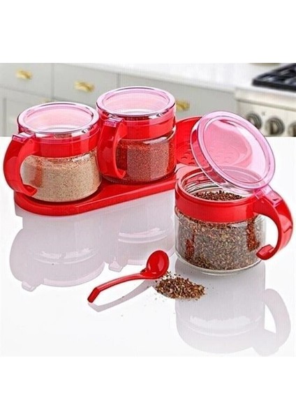 Buffer® Kırmızı 3lü Standlı Kapaklı Kaşıklı Cam Hava Sızdırmaz Baharatlık Takımı KC-386