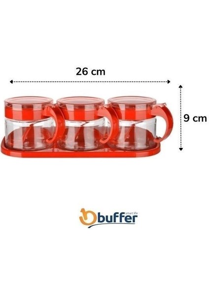Buffer® Kırmızı 3lü Standlı Kapaklı Kaşıklı Cam Hava Sızdırmaz Baharatlık Takımı KC-386 fırsatları